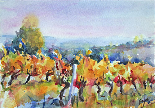 'Sept Rangs de Cot' watercolour of vines