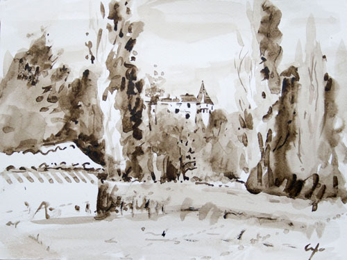 sepia watercolour of a french chateau chateau sepia