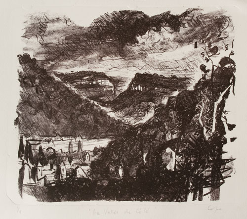 'La Vallée de Célé' stone lithograpgy cliffs & valley