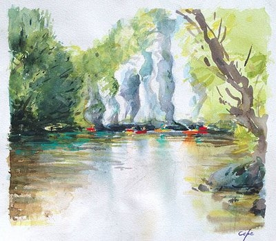 falaise, canoes,aquarelle