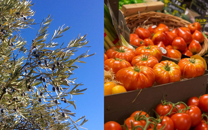 olives tomatoes mediterinean vibrant colours blue sky