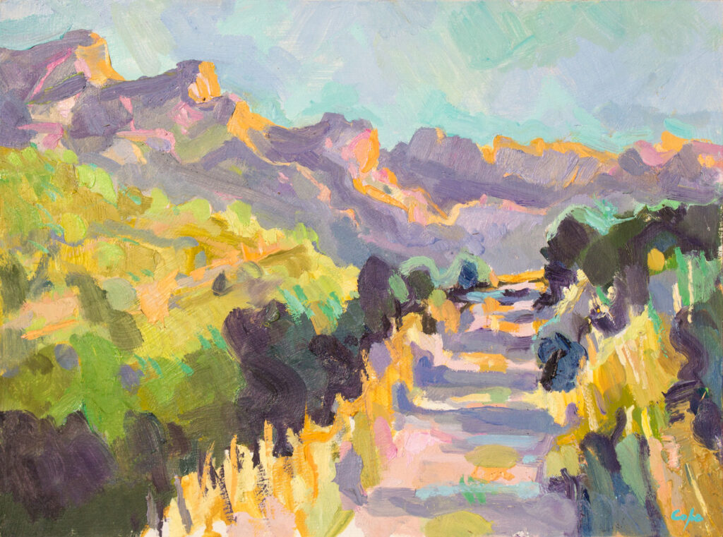 A colourist oil painting of Van Gogh's Alpilles hills in Provence