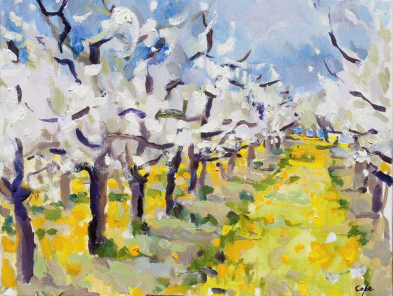 pruniers printemps en blouton, pisenlit, tableau huile expressif