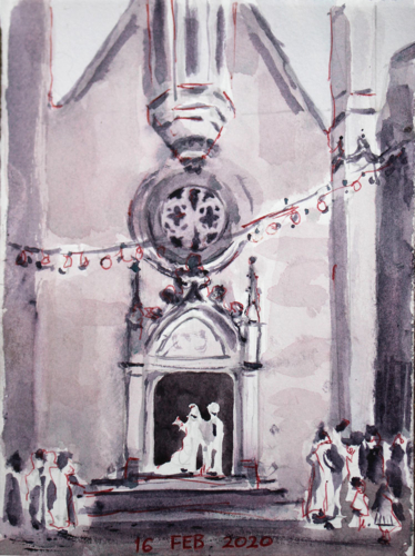 Les Mariés,chapelle,aquarelle,sepia