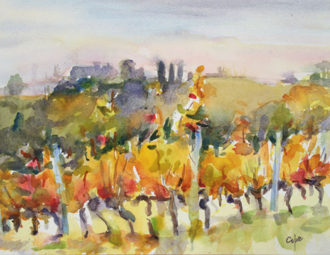 watercolour, autumn vines, wet on wet. pleinaur, alla prima,landscape, aquarelle,