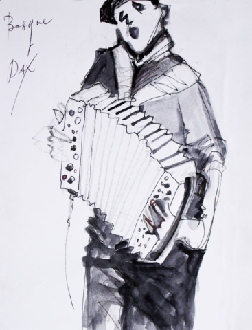 Drawing, pen ink, sketch, musician, accordian, Basque Trikitixa, Dax