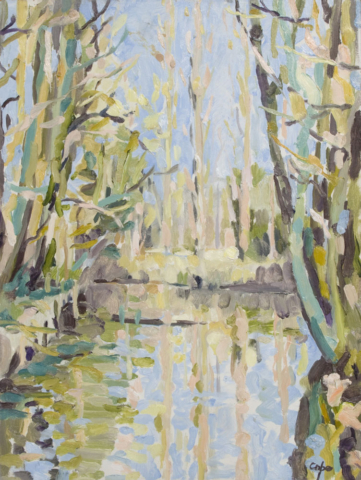 Poplars by river bank, spring. Peupliers abord du Berges. semi abstract landscape alla prima plein air