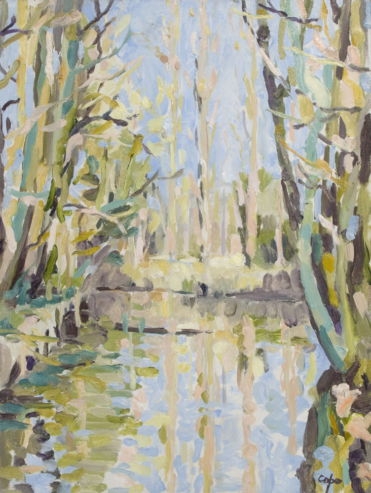 Poplars river bank, semi abstract landscape, alla prima, pleinair, Dropt, Adam Cope, spring