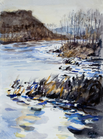 watercolour, river, tonal, high contrast, technique, plein air,winter landscape