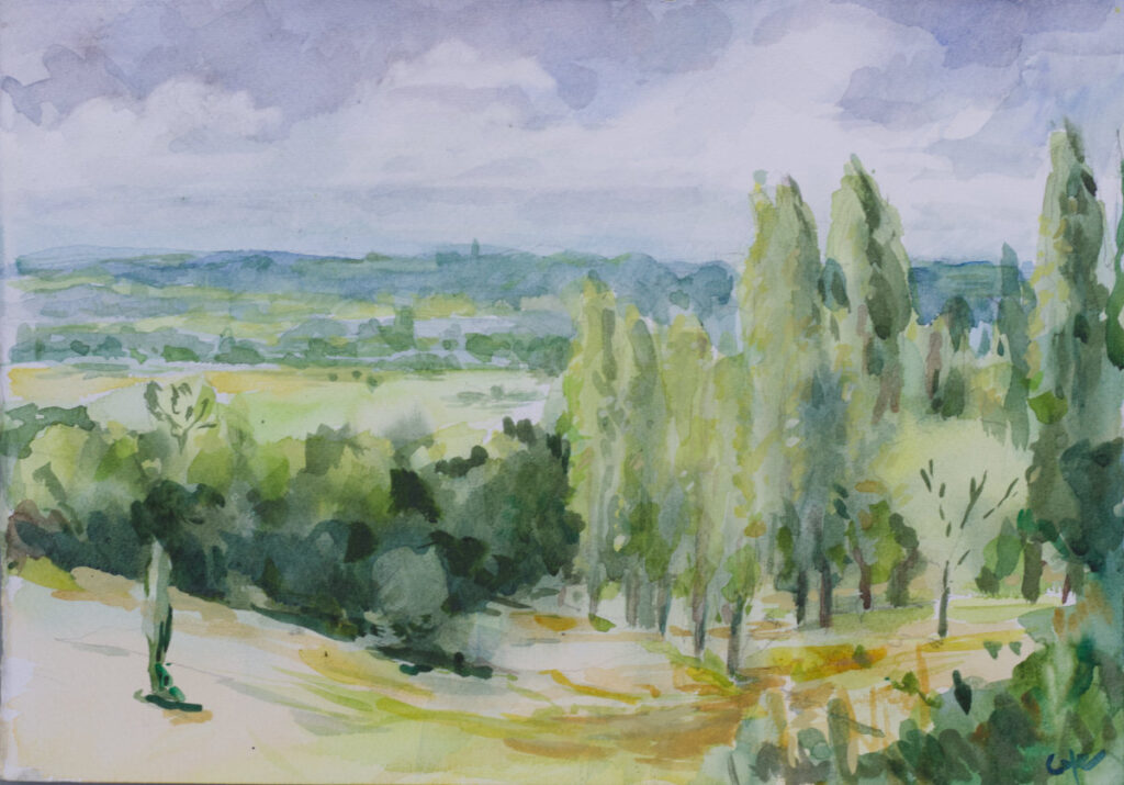 Dordogne,Sardy,watercolour,green landscape,poplars