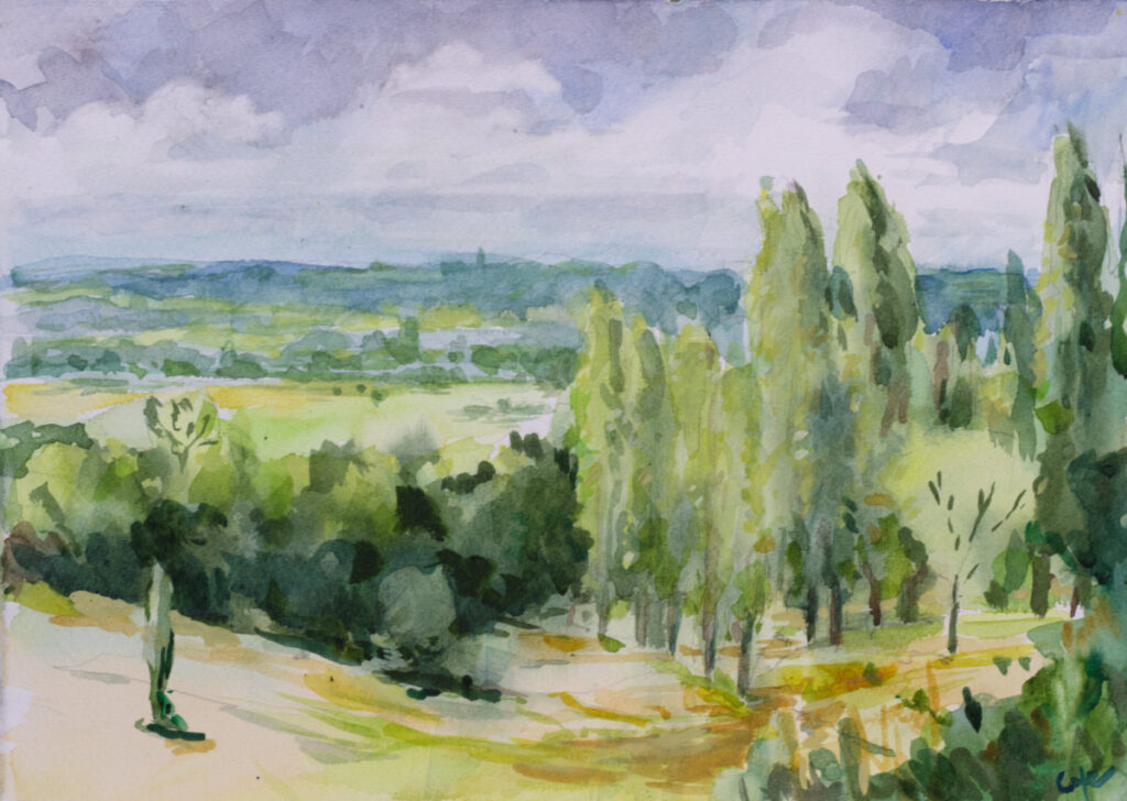 Aquarelle,dordogne vallée,jardins de Sardy, plein-arisme,