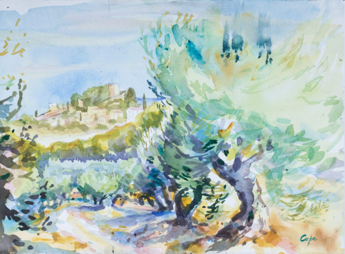 Egalyieres,aquarelle,provence,oliviers, mouille sur moullie,plein-airism,impressionisme