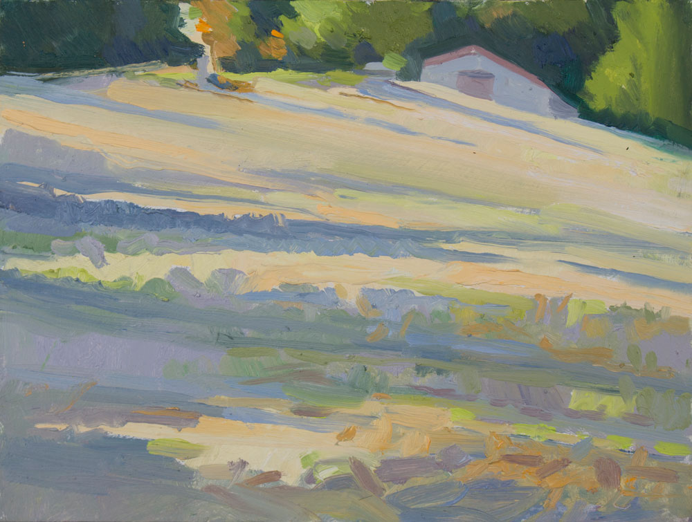 oil painting, evening shadows on corn stubble field, blue shadws, colourr shadows, colouris, dordogne, ^plein-air painting