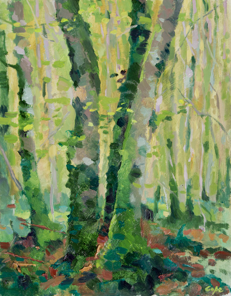 trees, woods, oil painting, plein-air,green,vernal,