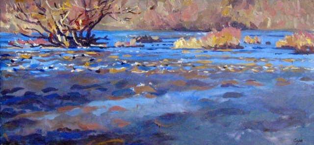 river oil painting, fast flowing water, dordogne, islands, winter, alla prima, plein air