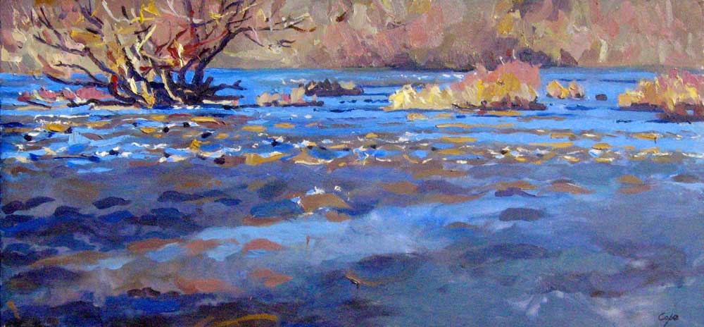 oil painting fast flowing river water islands winter alla prima plein air