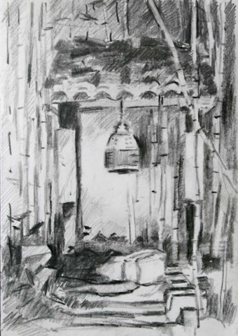 Temple Bell, vietamien bell, bamboo, drawing, pencilk, tonal study, plum village, lower hamlet,