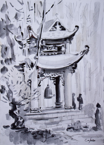 vietnamian pagonda, neutral tint, watercolour,bell tower,plum village