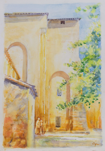 aquarelle, watercolor, medieval abbey, sunlight, romanesque architecture,
