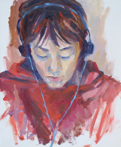 portrait, oil painting, adolescent boy, headphones, colourist, loose, sketchy