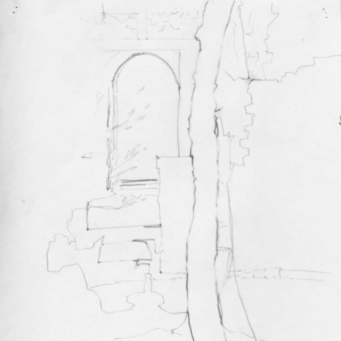 Archway, Saint Avit Senieur, grahite, dessein, drawing, contour, utline, architeactural, anchor points in drawing, under drawing for watercolour, scoring in,