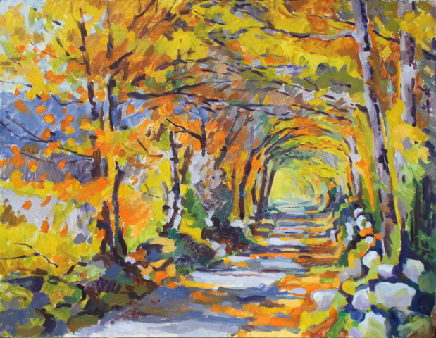 bright,colour, autumn,oil painting, tableau huile ,chemin, causse, quercy,lot, automn