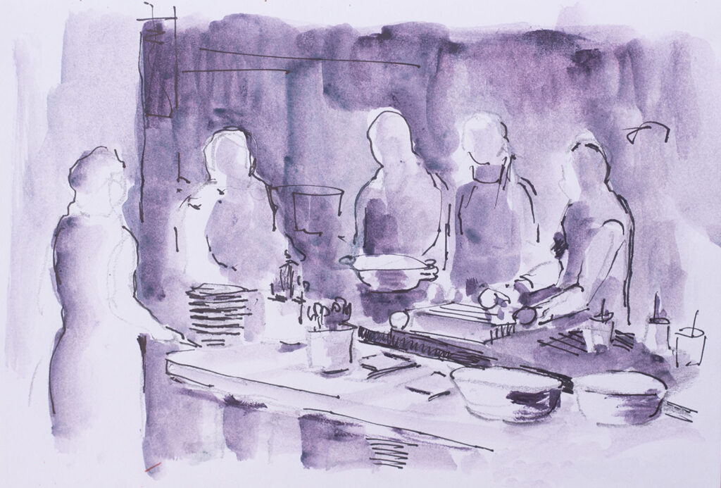aquarelle, dessein, coupe legumes, gens dans une cuisine