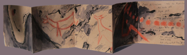 Carnet de Voyage, Covalangas, Prehistory, Accordian on kraft paper, drawing, annoted.