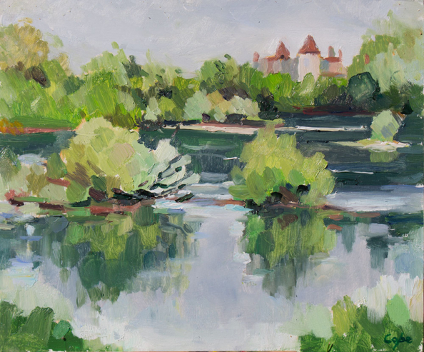 oil painting, dordogne,river,chateau,green,island,water,plein air,alla prima