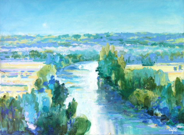 landscape,blue, art,Dordogne, L'Espérance, rivier,moon rise,