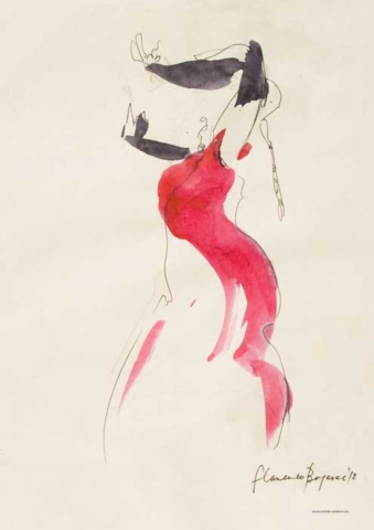 'Flamenco' Pen & watercolour. 25 x25 cm.