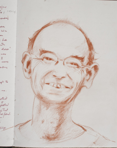 sanguine portrait,man, glasses, smilling face, drawing from photo