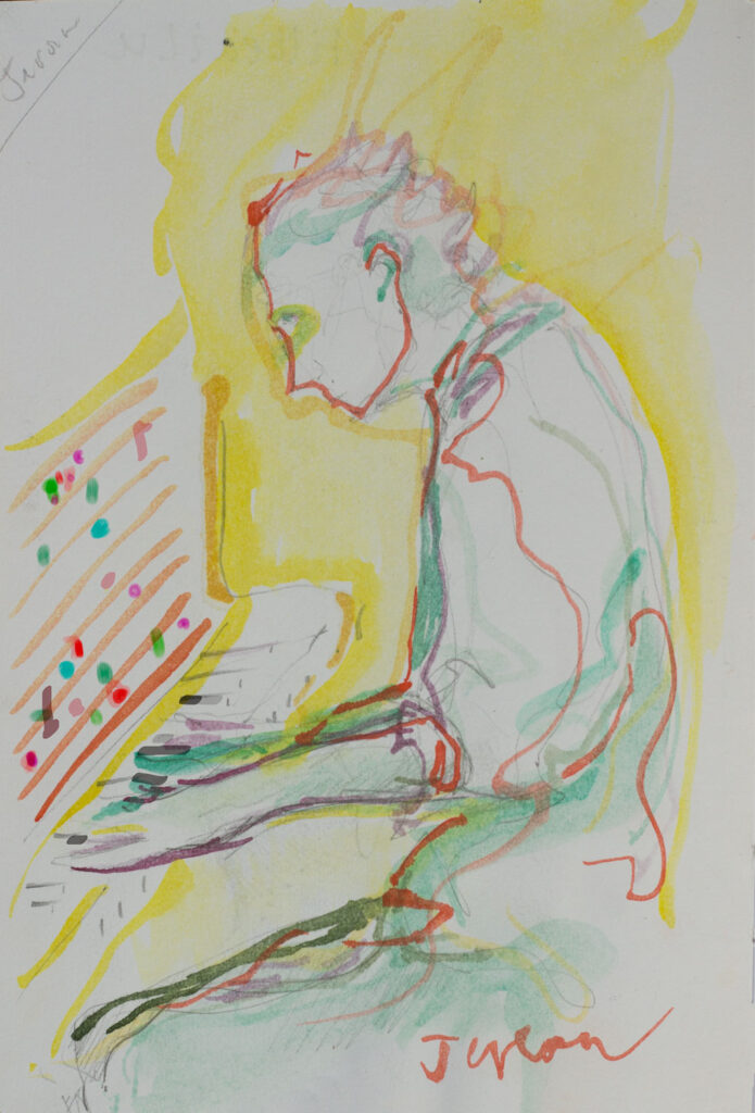 aquarelle, jazz, musicien, pianiste,couleur, improvisation, playful watercolour