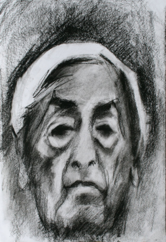 Krishnamurti, pastel drawing, portrait, white hair,