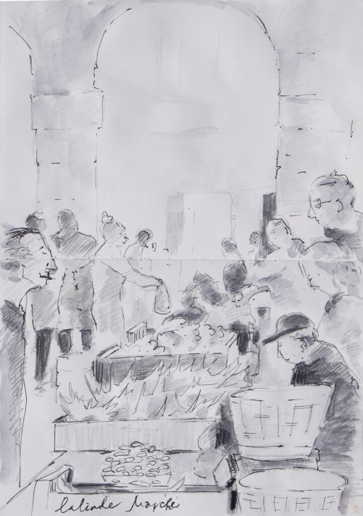 tinted drawing, french market, dordogne, lalnide marche, pen &ink,