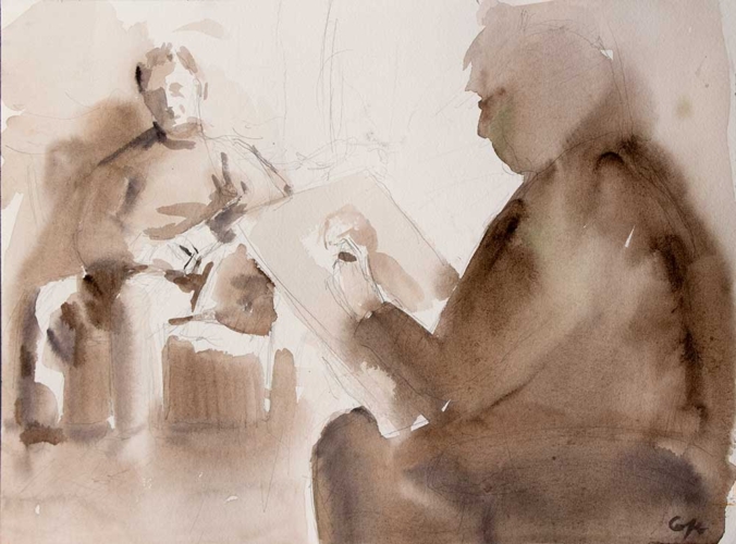 Life drawing class sepia watercolour artist & her model