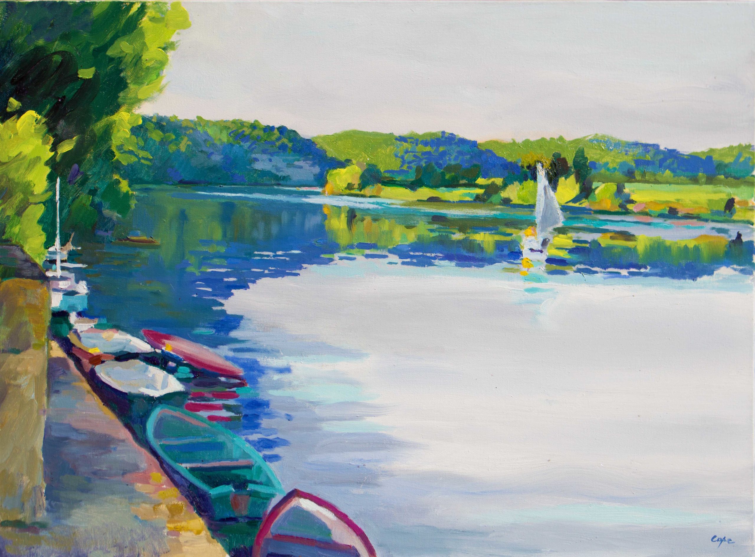 mauzac, quai, dordogne, artiste tableau, huile, bateaux