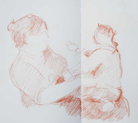 Mother & Child, sanguine drawing, gesture drawing, delicate, light touch,