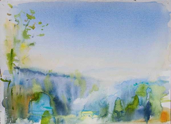 watercolour, aquarelle, sunny misty, morning, wet-in-wet