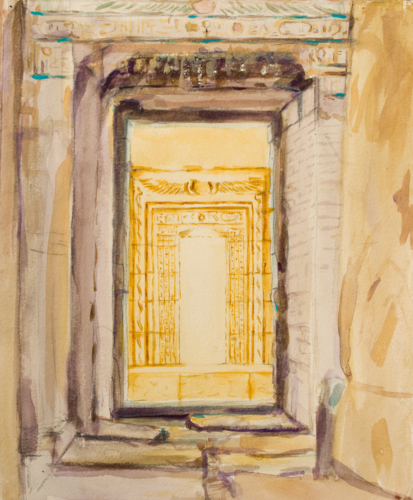 Watercolour painting architecture karnak temple optet golden desert light