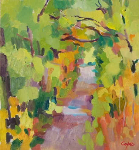 semi abstract landacspe, oil painting,path autumn woods, Dordogne, France