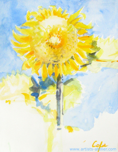 watercolour, sunflower, blues skies, expressive, fauve flowers