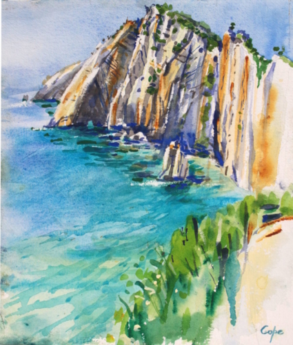 watercolour, asturias, playa, ocean, cliffs