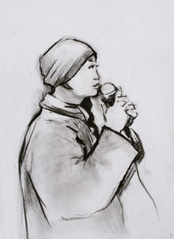 charcaol drawing, profile, microphone, buddhist nun, plum village,