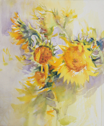 Sunflowers ,watercolour, tourneseul, aquarelle, wet in wet ,mouille sur mouille, expressive, colourful, flowers