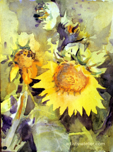 sunflowers,watercolour,wet on wet,colourful, loose, expressive, non botanical
