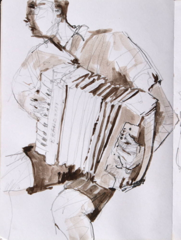 accordian player, musician, watercolour, pencil drawing,