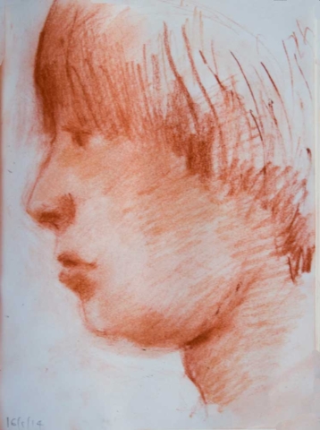 boy head, profile, sanguine, drawing, sfumato, portrait