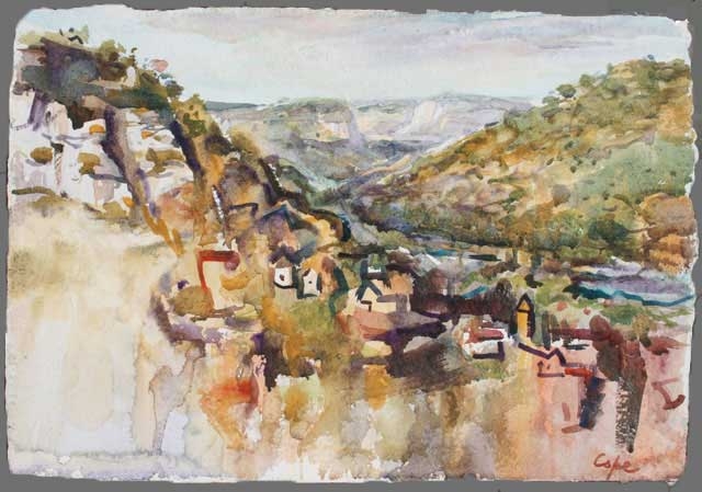 cele,aquarelle,lot, cliffs, view,france,watercolour,adam Cope