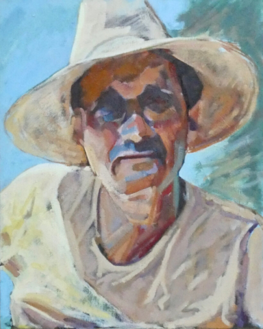 portrait of artist painter, straw hat, sunny, mud head,